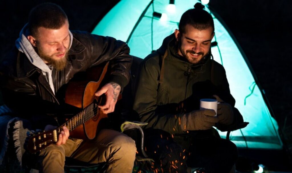 A soulful jamming session where melodies dance through twilight air