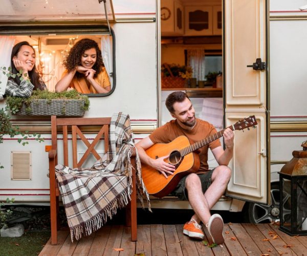 A soulful jamming session where melodies dance through twilight air