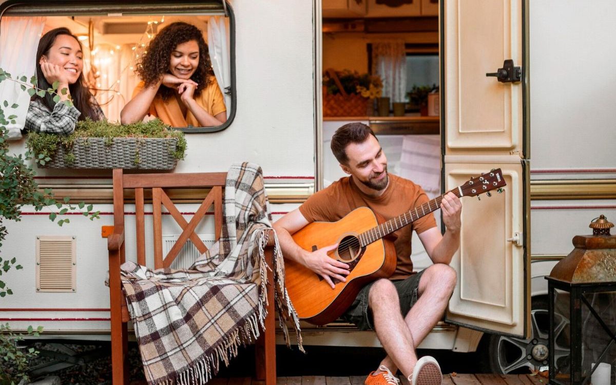 A soulful jamming session where melodies dance through twilight air